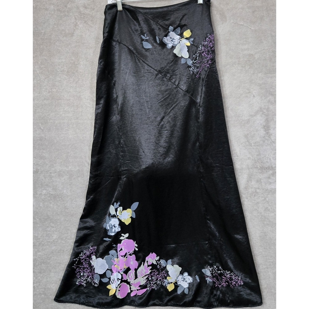 Satin Floral Embroidered Maxi Skirt Black Sz 32 Forest‎ Fairy Whimsigoth Painted